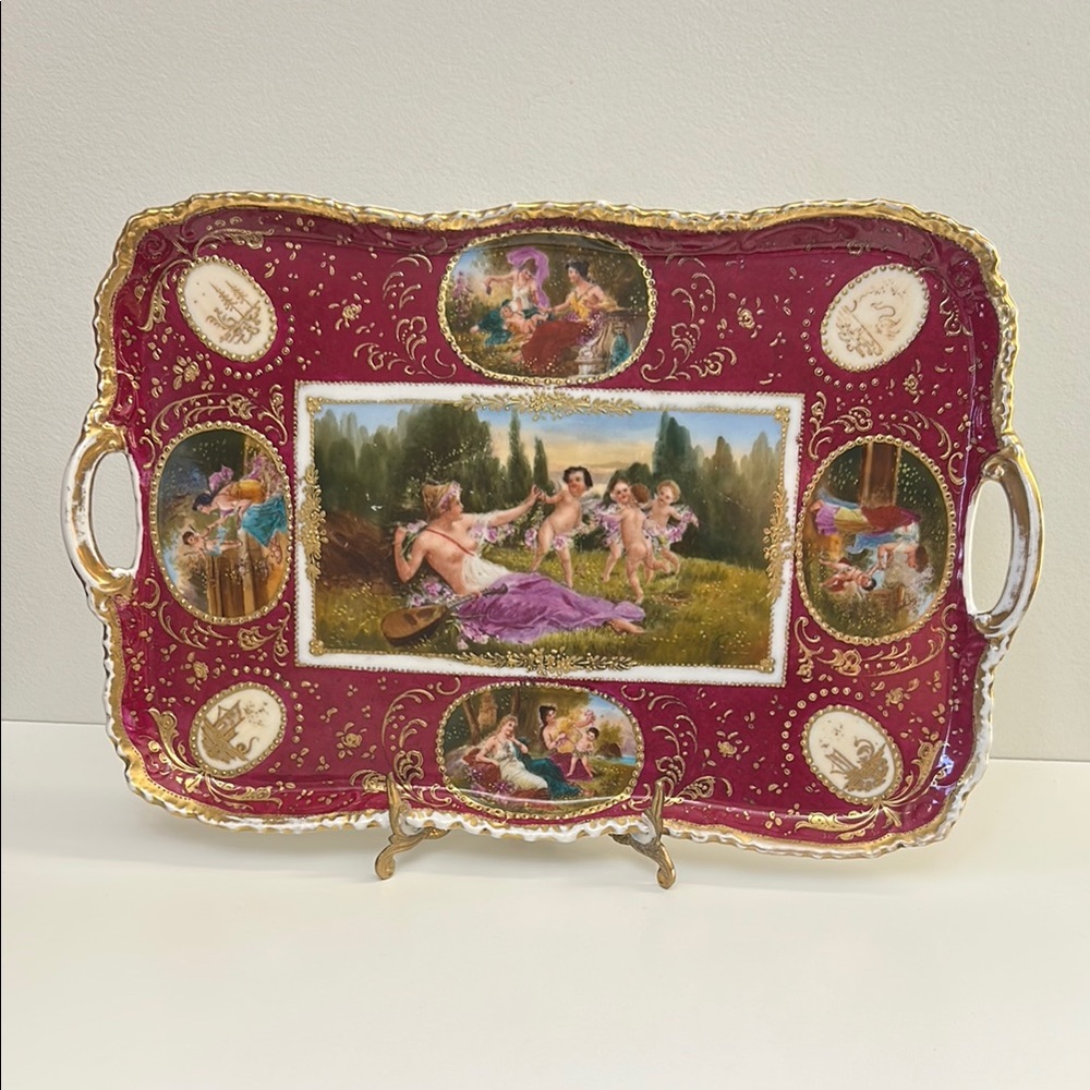Antique Dresser Tray w Gold Accents & Hand Painted Elements / Grecian Scenes